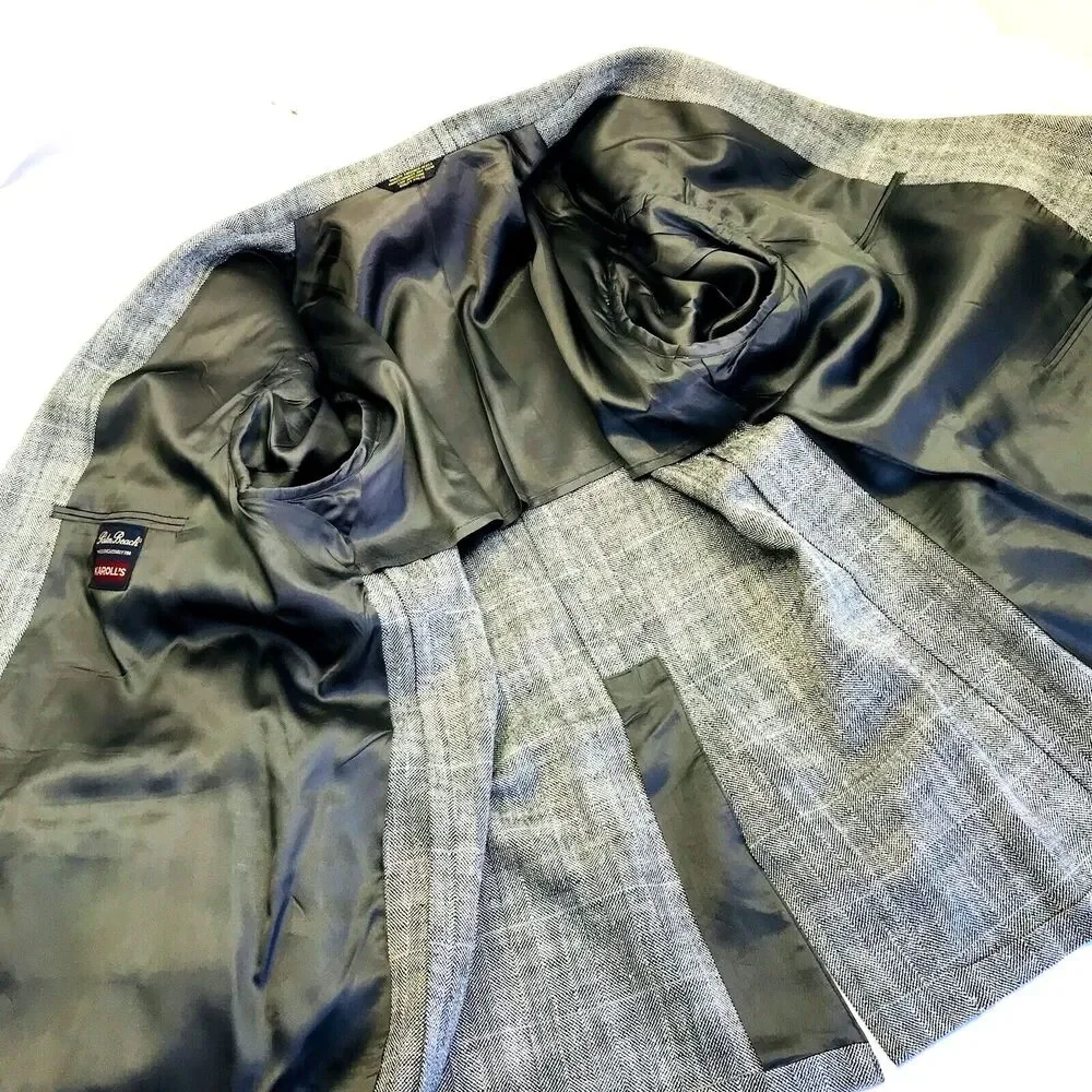 Palm Beach Vintage Sport Coat Windowpane Herringbone 46 48 Gray Black Preppy